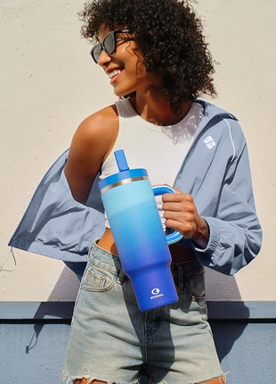 40 oz Tumbler with Handle and Straw: Stainless Steel Insulated Tumbler Keeps Cold for 24 Hours, Leakproof Travel Cup Fits in Cup Holder and BPA-Free, Sea
