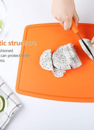 Liflicon Silicone Thick Cutting Boards Mats Set of 3pcs Foldable & Flexible Design Juice Grooves Easy Grip Handle Dishwasher Safe for Kitchen,BPA free Chif-Orange