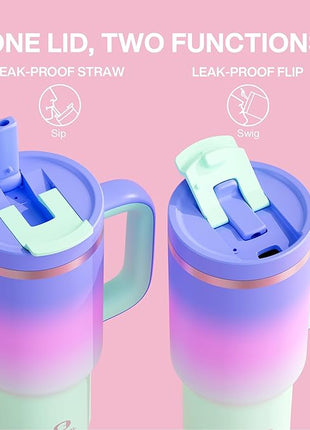 32 oz Tumbler with Handle and Straw: Stainless Steel Insulated Tumbler Keeps Cold for 24 Hours, Leakproof Travel Cup Fits in Cup Holder and BPA-Free, Frosted Lilac