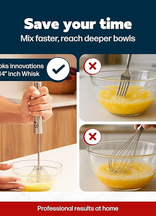 14 Inch Stainless Steel Hand Whisk - Durable & Easy to Use Push-Down Zip Whisker - Rotary Hand Mixer for Beating Eggs, Frothing Milk, Blending, Mixing, Whipping Smoothies & Shakes - Kitchen Tools