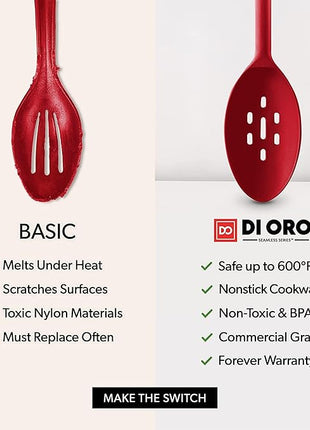 DIORO Silicone Mixing & Serving Spoons - Large Heat-Resistant Non Stick Utensils Big Solid & Slotted Basting & Stirring Spoons - Dishwasher Safe (2pc, Red)