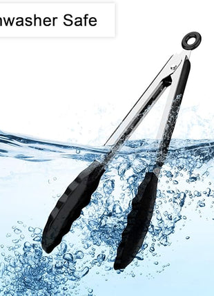 Silicone Tongs for Air Fryer, 2 Pack, Black Color, Premium Silicone BPA Free Non-Stick Stainless Steel Locking Food Tongs, 9-Inch and 12-Inch