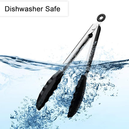 Silicone Tongs for Air Fryer, 2 Pack, Black Color, Premium Silicone BPA Free Non-Stick Stainless Steel Locking Food Tongs, 9-Inch and 12-Inch