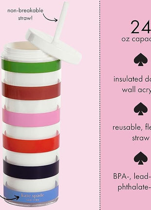 kate spade new york Acrylic Tumbler with Lid and Straw, 24 oz Tumbler, Slim Double Wall Tumbler, Adventure Stripe
