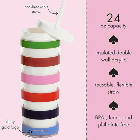 kate spade new york Acrylic Tumbler with Lid and Straw, 24 oz Tumbler, Slim Double Wall Tumbler, Adventure Stripe
