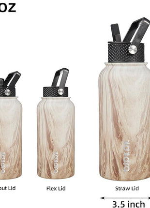 BJPKPK Insulated Water Bottles with Straw Lid, 27oz Stainless Steel Water Bottle with 3 Lids, Leak Proof BPA Free Metal Thermo, Mugs, Tumblers, Keep Cold Hot - Wood- Yellow Gray