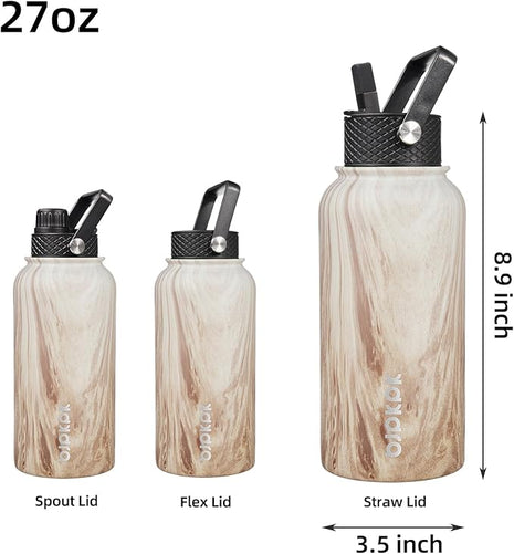 BJPKPK Insulated Water Bottles with Straw Lid, 27oz Stainless Steel Water Bottle with 3 Lids, Leak Proof BPA Free Metal Thermo, Mugs, Tumblers, Keep Cold Hot - Wood- Yellow Gray