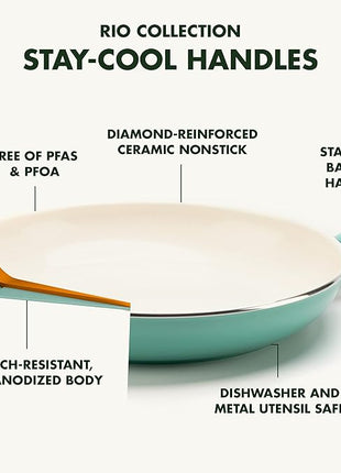 GreenPan Rio Healthy Ceramic Nonstick 8" and 10" Frying Pan Skillet Set, PFAS-Free, Dishwasher Safe, Turquoise