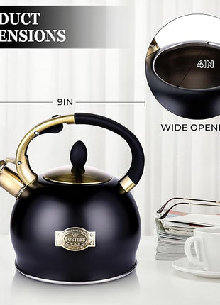 SUSTEAS Stove Top Whistling Tea Kettle - Food Grade Stainless Steel Teakettle Teapot with Cool Touch Ergonomic Handle, With 1 Silicone Pinch Mitt Included, 2.64 Quart(BLACK)