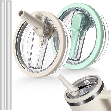 40oz Flip Straw Leak Proof Lid for Stanley H2.0 Quencher Protour Tumbler, 2 Pack Spill Proof Lid Replacement Straw Cover Top for 40 OZ Stanley Cup Accessories (Beige, Matcha)