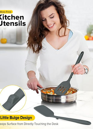 Pack of 2 Silicone Spatula Turners, Non Stick Slotted Kitchen Spatula Set, Heat Resistant BPA Free Kitchen Utensils, One-Piece Design, Suitable for Flipping Fish, Eggs, Steak, Pancakes(GRAY)