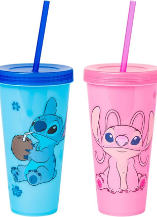 Silver Buffalo Disney Lilo and Stitch Angel Coconut Flowers 2 Pack Color Change Plastic Tumbler, 24-Ounce