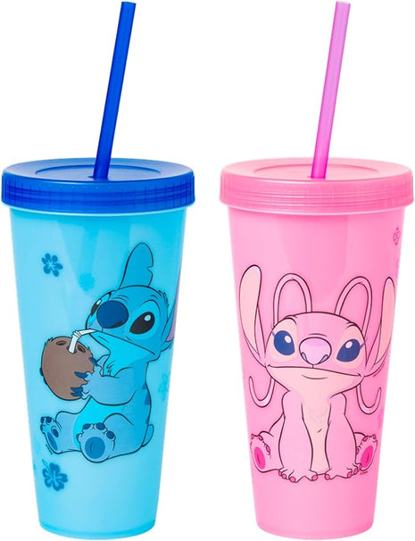 Silver Buffalo Disney Lilo and Stitch Angel Coconut Flowers 2 Pack Color Change Plastic Tumbler, 24-Ounce