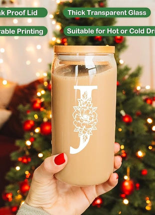 Coolife Initial Glass Cup, Monogrammed Gifts for Women, 16 oz Glass Cups w/Lids Straws, Iced Coffee Smoothie Beer Tumbler w/Straw Lid - Personalized Christmas, Birthday Gifts for Her Mom Friend Woman