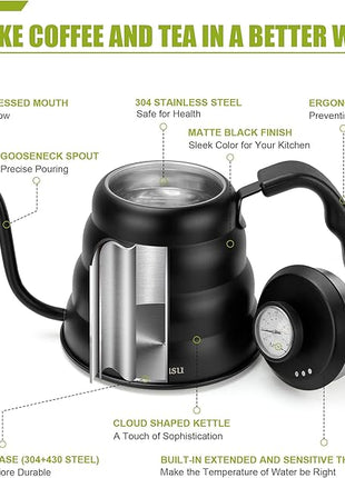 Tea Kettle with Thermometer Pot Black Stovetop Tea Kettle 40oz Gooseneck Kettle Teapot Pour Over Coffee Kettle with Thermometer,1200ml,6 Cup,Black,1Pack
