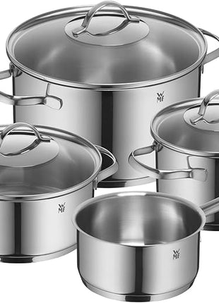 WMF Pot Set 4-Piece Provence Plus Pouring Rim Glass Lid Cromargan® Stainless Steel Polished Suitable for Induction Hobs Dishwasher-Safe, Silver, 52.7 x 28.8 x 21.8 cm
