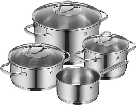 WMF Pot Set 4-Piece Provence Plus Pouring Rim Glass Lid Cromargan® Stainless Steel Polished Suitable for Induction Hobs Dishwasher-Safe, Silver, 52.7 x 28.8 x 21.8 cm