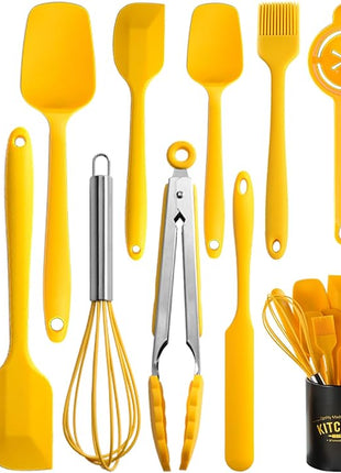 Silicone Spatula Set of 11 Kitchen Utensils with Iron Utensils Holder for Baking, Cooking, and Mixing,Cooking Spatulas Nonstick Cookware，Seamless and Flexible,Dishwasher Safe (Yellow)