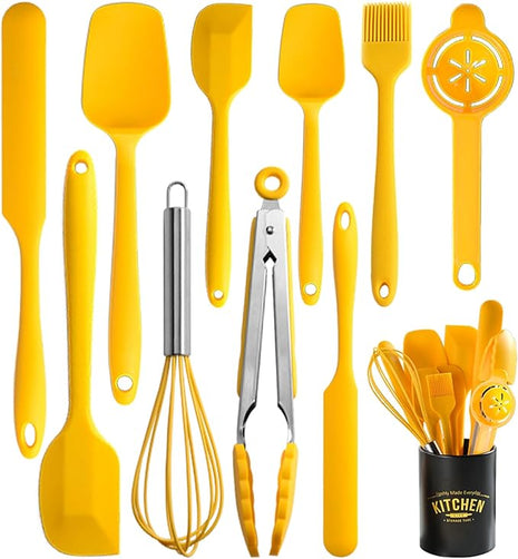 Silicone Spatula Set of 11 Kitchen Utensils with Iron Utensils Holder for Baking, Cooking, and Mixing,Cooking Spatulas Nonstick Cookware，Seamless and Flexible,Dishwasher Safe (Yellow)