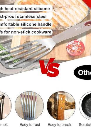 Beijiyi Silicone Fish Spatula Set, 2-Piece Heat Resistant Fish Turner Spatula for Non Stick Frying Pan, Flexible Kitchen Cooking Utensils, Slotted Egg Flipper, Large 12.3 In, Small 10.6 In, Khaki