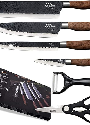 Numola 6 Pieces Black Professional Chef Knife Set, BBQ Meat Knives for Cooking, Forged Kitchen Knife with High Carbon Stainless Steel Cutlery Ergonomic Design Handle with Box for Couples Gift