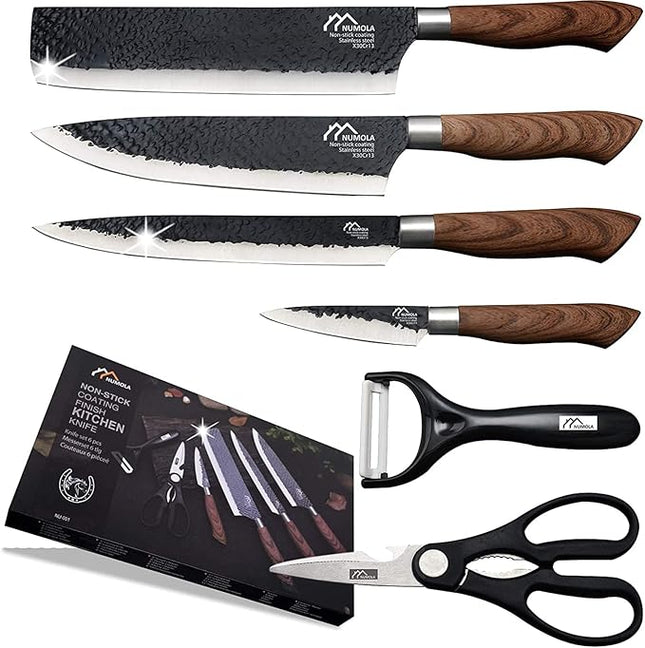 Numola 6 Pieces Black Professional Chef Knife Set, BBQ Meat Knives for Cooking, Forged Kitchen Knife with High Carbon Stainless Steel Cutlery Ergonomic Design Handle with Box for Couples Gift