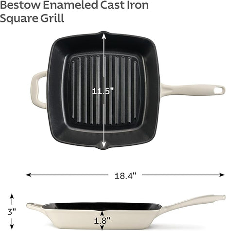 Tramontina Bestow Enameled Cast Iron Grill Pan with Press, 11-inch, Latte with Gold Knob