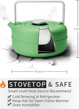 Toptier Teapot with Removable Infuser, Cast Iron Tea Kettle Stovetop Safe, Solid Geometry Cylinder Design Tea Pot Coated with Enameled Interior for 27 Ounce (800 ml), Emerald Green