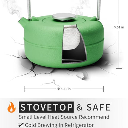 Toptier Teapot with Removable Infuser, Cast Iron Tea Kettle Stovetop Safe, Solid Geometry Cylinder Design Tea Pot Coated with Enameled Interior for 27 Ounce (800 ml), Emerald Green