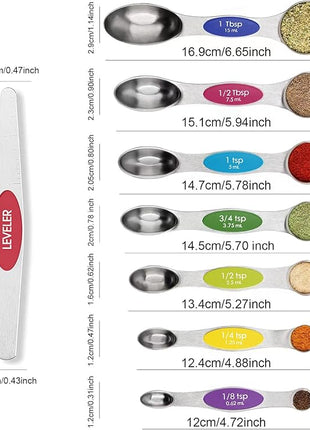 Magnetic Measuring Spoons Set Stainless Steel with Leveler, 8pcs Multicolors Measuring Cups Set for Baking, Measuring Cups and Spoon Set Kitchen Gadgets Apartment Essentials Fits in Spice Jars