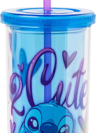 Silver Buffalo Disney Lilo and Stitch “2 Cute” Plastic Tall Cold Cup with Lid and Straw, 20 Ounces