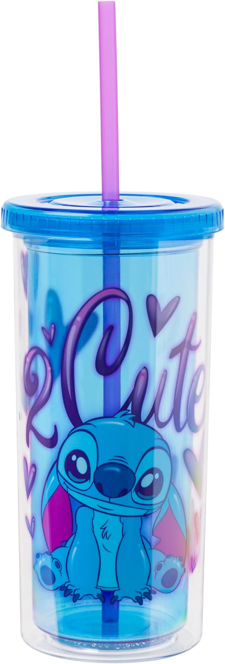Silver Buffalo Disney Lilo and Stitch “2 Cute” Plastic Tall Cold Cup with Lid and Straw, 20 Ounces