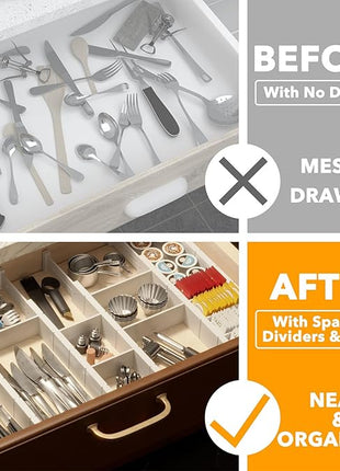 SpaceAid Bamboo Drawer Dividers with Inserts and Labels, Kitchen Adjustable Drawer Organizers, Expandable Organization for Home, Office, Dressers, 10 Dividers with 24 Inserts (17"-22" White)