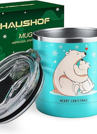 HAUSHOF 14oz Christmas Mug, Stainless Steel Coffee Mugs with Lid and Handle, Insulated Coffee Cups, Ideal Christmas Gifts for Mom, Dad, Kids