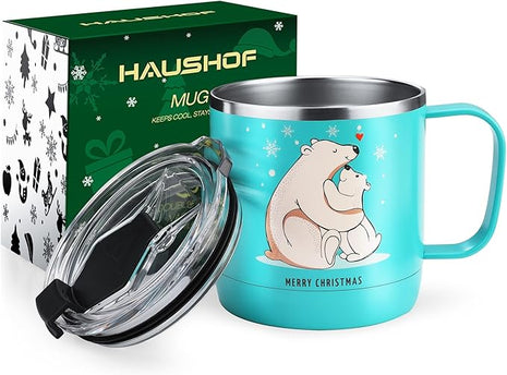 HAUSHOF 14oz Christmas Mug, Stainless Steel Coffee Mugs with Lid and Handle, Insulated Coffee Cups, Ideal Christmas Gifts for Mom, Dad, Kids