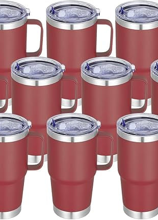 20 oz Stainless Steel Tumbler with Handle Bulk Metal Insulated Tumblers Travel Coffee Mug with Handle Double Wall Tumbler Cup with Lid and Straw, Wine Red 12 Pack