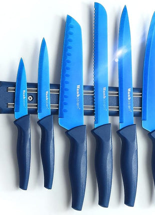 Wanbasion 7 Piece Blue Kitchen Knife Set with Magnetic Strip, Kitchen Knife Set Stainless Steel, Sharp Knife Set for Kitchen for Meat Vegetable Cutting