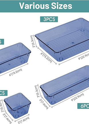 WOWBOX 25 PCS Plastic Drawer Organizer Set, 4 Sizes Desk Drawer Divider Organizers and Storage Bins for Makeup, Jewelry, Gadgets for Kitchen, Bedroom, Bathroom, Office, Clear Dark Blue