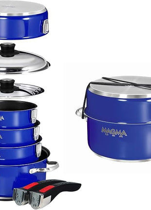 Magma 10 Piece Gourmet Nesting Stainless Steel Cookware Set with Ceramica Non-Stick, Induction Compatible, Oven Safe to 500°F - Suitable for All Stovetops, Removable Handles, Cobalt Blue