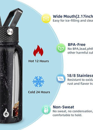 BJPKPK Insulated Water Bottles with Straw Lid, 32oz Metal Large Water Bottle with 3 Lids, Reusable Leak Proof BPA Free Thermo, Stainless Steel Tumblers for Sports, Gym, Travel-Midnight