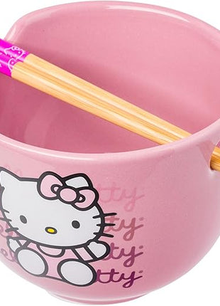 Silver Buffalo Sanrio Hello Kitty Waving Pink Ceramic Ramen Noodle Rice Bowl with Chopsticks, Microwave Safe, 20 Ounces,