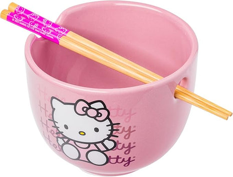 Silver Buffalo Sanrio Hello Kitty Waving Pink Ceramic Ramen Noodle Rice Bowl with Chopsticks, Microwave Safe, 20 Ounces,