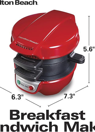 Hamilton Beach Breakfast Sandwich Maker with Egg Cooker Ring, Customize Ingredients, Perfect for English Muffins, Croissants, Mini Waffles, Perfect White Elephant Gifts, Red (25476)