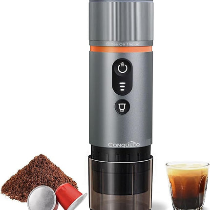 CONQUECO Portable Espresso Machine Travel: 12v Car Coffee Maker for Camping - Small Electric - 2.5 Mins Heating - 8 Cups Espresso for One Charge