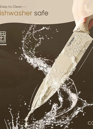 CAROTE 12 Pieces Kitchen Knife Set, Stainless Steel Knife Set With Nonstick Ceramic Coating, Dishwasher Safe with 6 Blade Guards, Rustproof, Brown