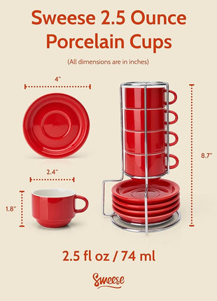 Sweese 2.5 Ounce Porcelain Stackable Espresso Cups with Saucers and Metal Stand Set of 4, Red