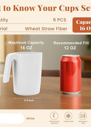 Homienly Wheat Straw Coffee Mugs Set of 6, Lightweight and Unbreakable Coffee Mugs with Handles, Alternatives to Plastic Coffee Mug, Microwave and Dishwasher Safe Cups for Kitchen, Tea - White