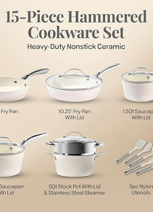 Gotham Steel Hammered 15 Pc Ceramic Cookware Set Nonstick, Deep Pots and Pans Set Non Stick with Induction Cookware, Cooking Utensils & Steamer, Non Toxic PFOA PFOS Free, Oven & Dishwasher Safe