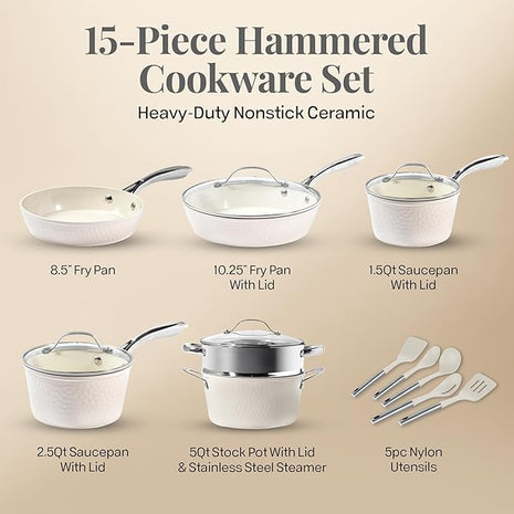 Gotham Steel Hammered 15 Pc Ceramic Cookware Set Nonstick, Deep Pots and Pans Set Non Stick with Induction Cookware, Cooking Utensils & Steamer, Non Toxic PFOA PFOS Free, Oven & Dishwasher Safe
