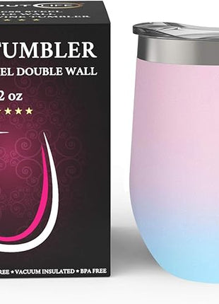 CHILLOUT LIFE 12 oz Stainless Steel Wine Tumbler with Lid - Double Wall Vacuum Insulated Wine Cup Glass Keeping Cold & Hot for Coffee, Champagne, Cocktails, Ice Cream - Powder Coated Pink/Teal